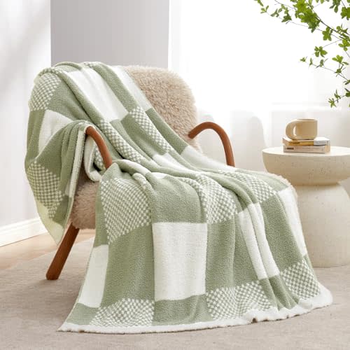 Snuggle Sac Checkered Blanket, Sage Green Throw Blanket for Couch Plaid Microfiber Fluffy Warm Cozy Fuzzy Soft Throw Blanket Reversible Checker Blankets for Sofa, Chair, Bed, 50x60 inches
