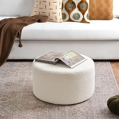 KINWELL Modern Round Boucle Upholstered Ottoman with Soft Padded Seat, Multi-Functional Sofa Footrest, Side Table, Extra Seating for Living Room, Bedroom, Entryway (24" D x 24" W x 13" H)