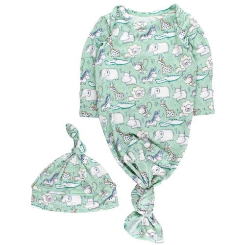 RuffleButts SoftSnooze Newborn Knotted Sleep Gown & Hat Set - Sage Safari, Newborn-3m