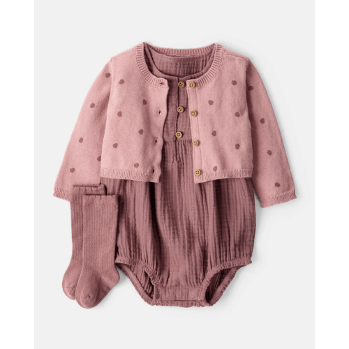 Baby Girls Carter's 3-Pc. Acorn Print Short Sleeve Dress & Cardigan Set | 6M