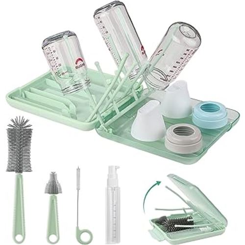 6 in 1 Bottle Cleaner Brush Set with Travel Bottle Drying Racks,360° Cleaning Baby Bottle Brush,Nipple Brush,Straw Cleaner Brush,Soap Dispenser & Organizer Case,Baby Essentials for Home&Travel(Green)