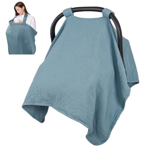 Summer Muslin Infant Car Seat Cover, Breathable Carseat Cover for Baby Girls, Multi-Purpose Breastfeeding Covers for Nursing, Blue