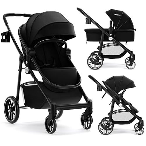 INFANS 2 in 1 Baby Stroller, High Landscape Infant Stroller & Reversible Bassinet Pram, Foldable Pushchair with Adjustable Canopy, Storage Basket, Cup Holder, Suspension Wheels (Black)