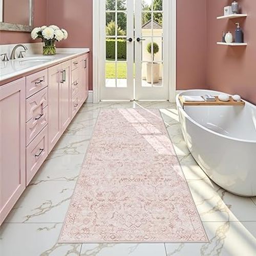 Pink 2x6 Runner Rug for Hallways Bed Side Kitchen, Boho Washable Distressed Low-Pile Floor Entryway Long Bathroom Mat, Non-Slip Laundry Room Washstand Front Carpet Green 24x72 Inch
