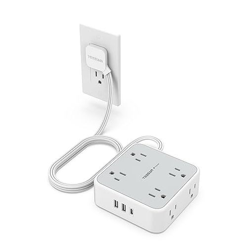 Surge Protector Flat Extension Cord Flat Plug Power Strip, 8 AC Outlets, 3 USB Charger(1 USB C Port) 3-Sided Outlet Extender, 5 Ft, 900 Joules Protection, Office Supplies, Dorm Room Essentials, Grey