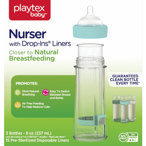 Playtex Baby Nurser Clear Anti-Colic Baby Bottle with 15 Drop-ins Liners, 8 oz, 3 Pack