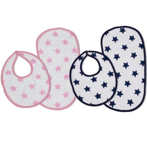 Bacati - Stars Pink/Aqua Ikat Muslin 4 pc set of Bibs & Burp Cloths Set