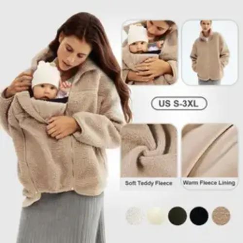 Pwest MAMA Women's Babywearing Teddy Fleece Coat - Long-Sleeve Zippered Winter Warm Outerwear with Pocket, Detachable Panel, 2-in-1 Design, Maillard Color, Women's Clothes, Fleece Jacket, Coats, Long Sleeve Tops - TikTok Shop