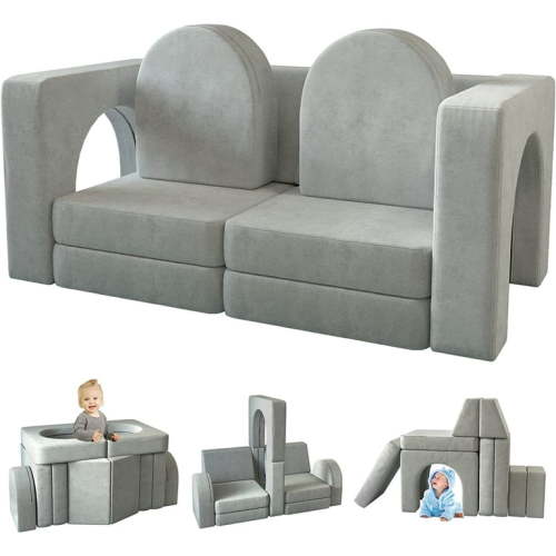 Kids Sofa Couch 10PCS, Linor Modular Toddler Couch for Playroom, Dutch Velvet Multifunctional Play Couch Sofa for Kids, Gray