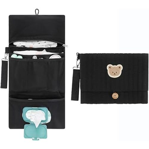 MOMIGO Baby Diaper Bag Organizer Pouches - Waterproof Pod Foldable Diaper Organizer Set, Cute Bear Bag Gift for Baby Shower (Black)