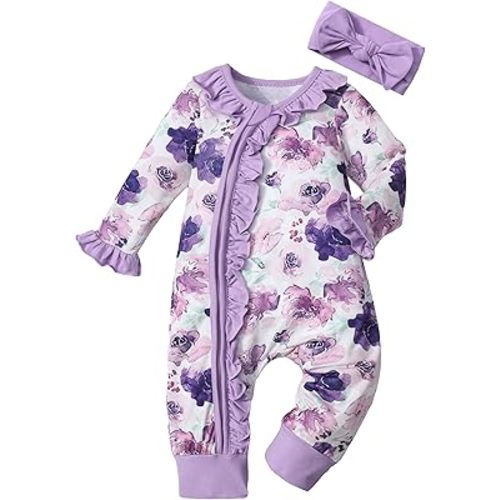 Infant Newborn Baby Girl Clothes Onesies for Baby Girl Long Sleeve Ruffle Baby Clothes with Headband