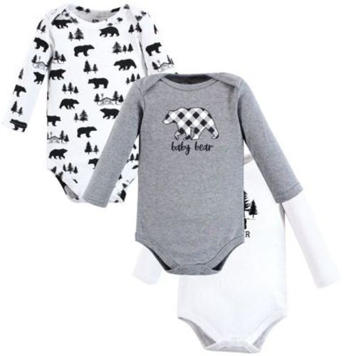 Hudson Baby Basics Infant Boys Essential Long Sleeve Bodysuits 3-Pack, Cuddly Cub Grayscale, 0-3 Months