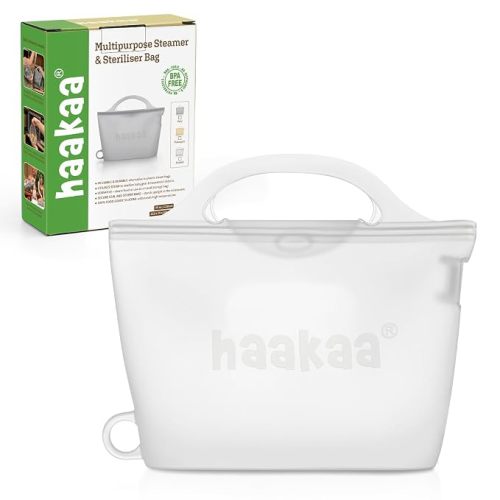 Haakaa On-The-Go Silicone Microwave Steam Sterilizer Bags for Travel, 40oz/1250ml Reusable Silicone Steaming Bags for Baby Bottles, Breast Pump, Accessories, Pacifiers, Teethers,Grey/1PC