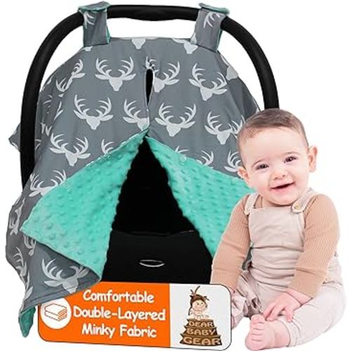 Dear Baby Gear - 40x30 Car Seat Canopy, Infant Carrier Cover for Boys & Girls, Cozy Fall Baby Gift, Nursing & Stroller Use, Newborn Travel Sunshade Accessory, Antlers on Gray, Mint Dot