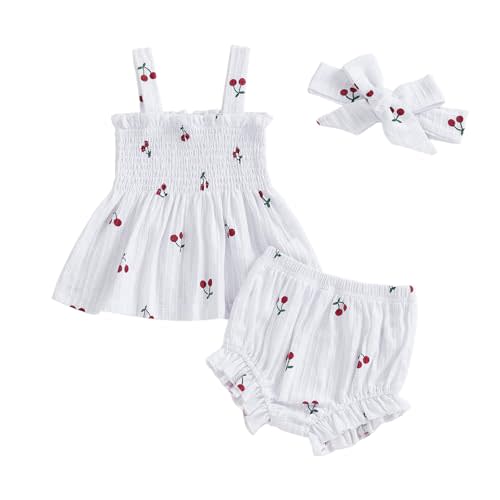 Thorn Tree Infant Girl Clothes Baby Outfits Sleeveless Strap Dress Tops Bloomer Shorts Bow Headband 3Pcs Summer