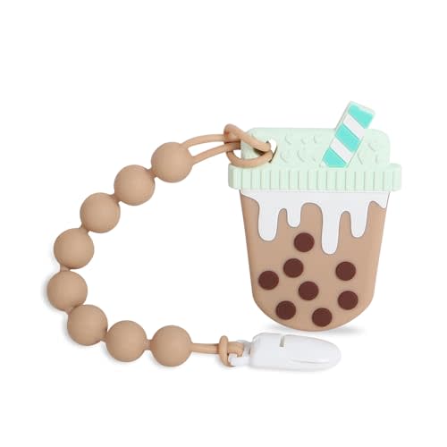 Baby Food Grade Silicone Bubble Tea Cup Teething Toys with Pacifier Clip | Baby Teether with One-Piece Pacifier Clip Holder,Baby Gift for 3 Months+ Boy and Girl,BPA Free,Freezer Safe.