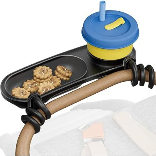 Universal Snack Tray for Stroller, Cup Holder Tray with Flexible Silicone Arm Gripper, Stays in Place Tray Attachment for Toddler & Kids, Snacking On The Go, Stroller Travel Accessories, Universal Fit