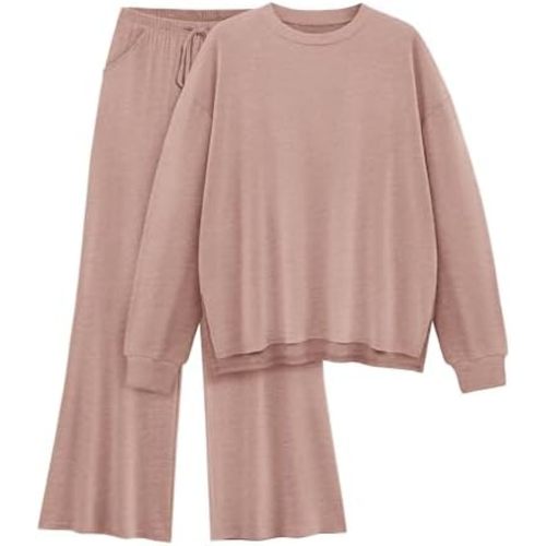 Womens Lounge Set 2025 Fall 2 Piece Outfits Long Sleeve Tops Wide Leg Long Pants Cozy Matching Sets Clothing