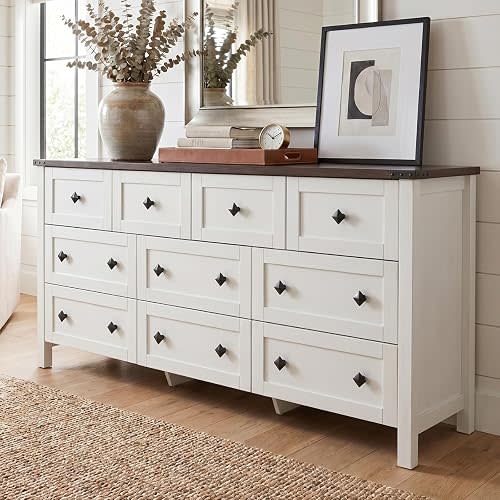Gyfimoie 10-Drawer Dresser, 63" Farmhouse Wood Storage Chest of Drawers, Long Dresser TV Stand for TVs up to 75", Vintage Wide Dressers Organizer with Metal Handles for Bedroom, White