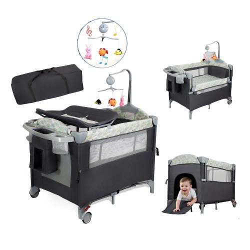 SteAnny 4-in-1 Playard,Pack and Play Bassinet with Changing Table Music Box Foldable Bedside Sleeper(Gray)