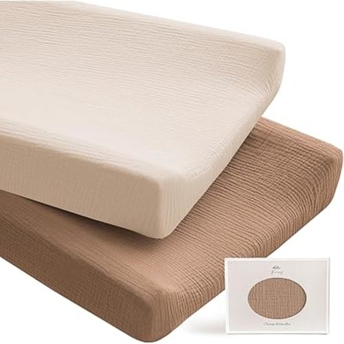 Konssy 2 Pack Muslin Changing Pad Covers for Boys, Ultra Soft & Breathable Cotton Baby Diaper Changing Table Covers, Neutral Nursery Diaper Changing Pad Sheets (Brown,Cream)