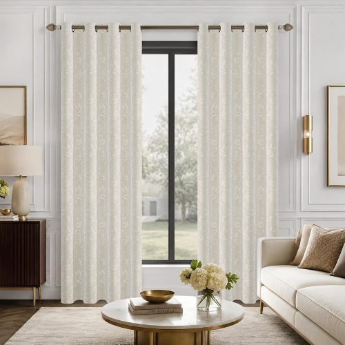 Floral Jacquard Cream Blackout Curtains for Bedroom 108 Inch Long 2 Panels