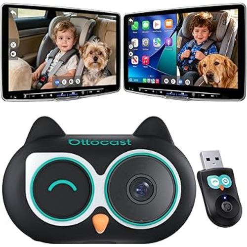 OTTOCAST Baby Car Camera &Wireless CarPlay Adapter,1080P HD Rear Seat Monitor Display on Car Screen,150°Wide Angle No-Glow Night View, Safety for Kids & Infants