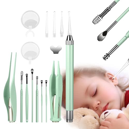 POZILAN Ear Cleaning Kit with LED Light - 15 Pack Ear Wax Removal Kit for Kids and Adults, Earwax Spoon Digger & Tweezers for Ear Cleaning Tool Present Set（Green）