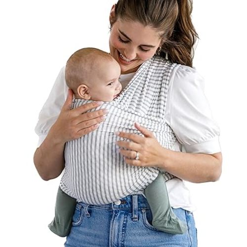 Solly Baby Wrap, Buttery-Soft Baby Carrier Newborn to Toddler 8-25 Lbs., Lightweight & Hands-Free Breathable Summer Carrier, Baby Wearing & Postpartum Essential, New Mom Gift, Natural + Grey Stripe