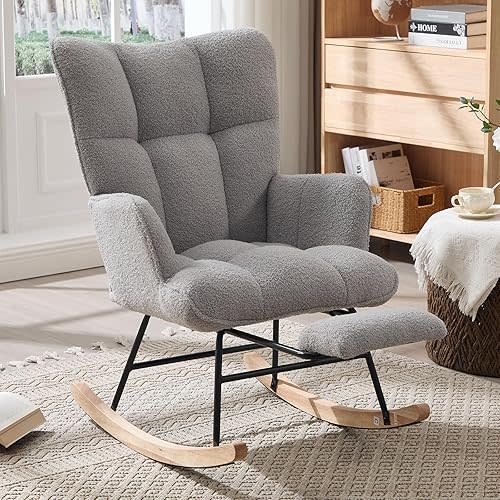 Nursery Rocking Chair with Footrest, Teddy Upholstered Glider Rocker with Side Pocket, Leisure Rocker Chair with High Back, Recliner Rocking Chair, Accent Reading Chair for Bedroom (Grey)