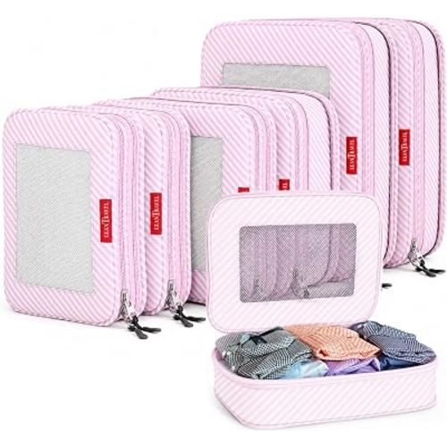 LeanTravel Premium Compression Packing Cubes for Travel - Suitcase Organizer Bags with Double Zipper & Breathable Mesh Panel - Space Saving Carry On Luggage Essentials (6-Pack, Pink Stripes)