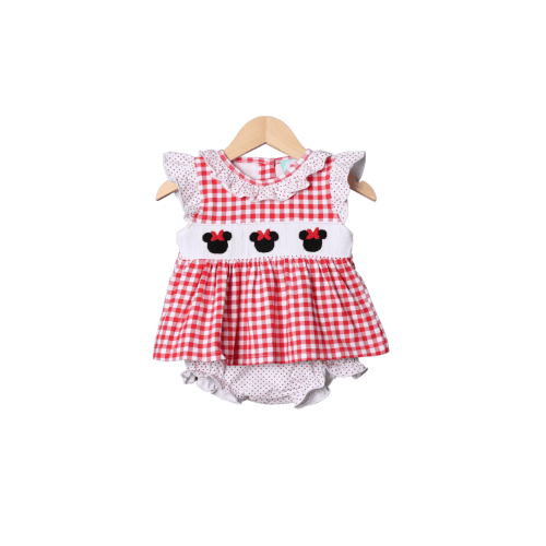 Hand Smocked Bitty Dot and Red Gingham Mouse Bloomer Set