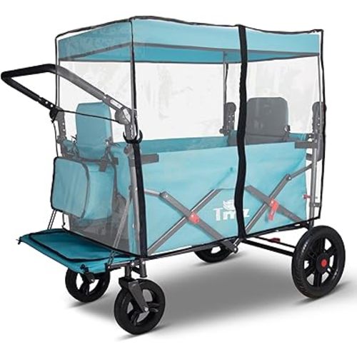 TMZ Foldable Wagon with Rain Cover & 2 Seats, Collapsible Folding Wagon with Adjustable Handle Bar, Multi Functional Cart with Canopy, Front Expandable Garden Cart (Transparent/Turquoise)