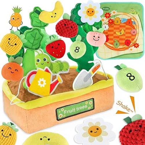 Baby Toys for 6-12 Months, Fruits Vegetables Plush Montessori Toys, Color Shape Sorting Crinkle Rattle Textures Sensory Toy, Fine Motor Skills Christmas Baby Gift for 0+ Boys Girls