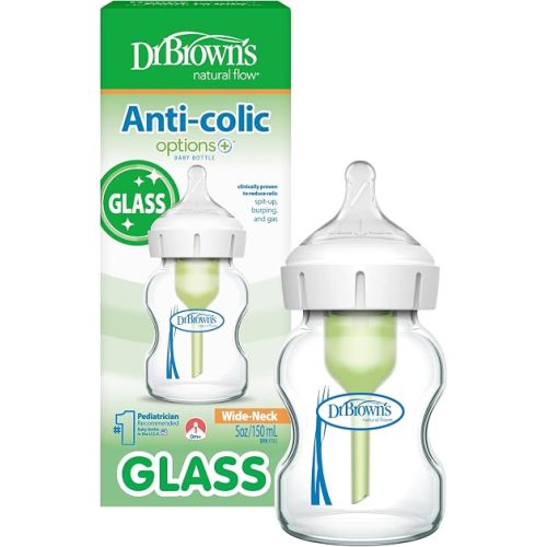 Dr. Brown's Anti-Colic Options+ Wide-Neck Glass Baby Bottle, 5 oz, 1-Pack