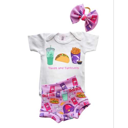 Baby Girl Toddler fast food tacos hot sauce Mexican Shirt/bodysuit Bummies Nylon Bow set 0-3 mos-4t Shorties Headband diaper cover Burrito