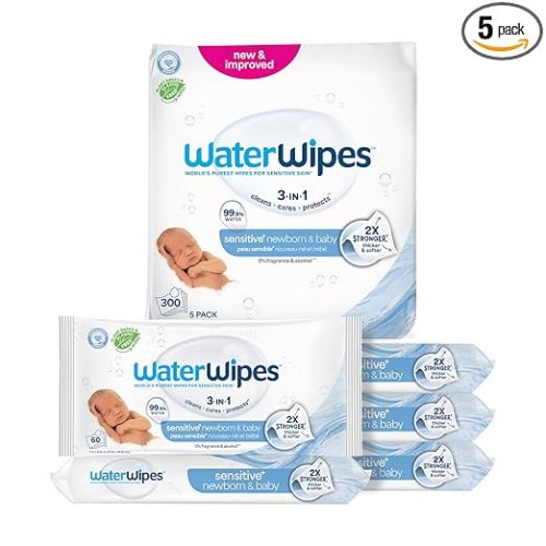 WaterWipes Sensitive+ Newborn & Baby Wipes, 3-In-1 Cleans, Cares, Protects, 99.9% Water, Unscented & Hypoallergenic, 300 Count (5 Packs)