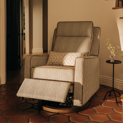 babyletto Sigi Pro Power Recliner and Swivel Glider by Nate Berkus - Performance Olive Stripe Eco-Crossweave With Toffee Base