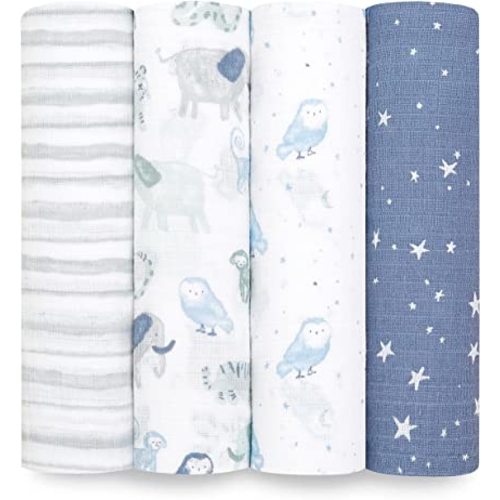 aden + anais Essentials Swaddle Blanket, Muslin Blankets for Girls & Boys, Baby Receiving Swaddles, Newborn Gifts, Infant Shower Items, Toddler Gift, Wearable Swaddling Set, 4 Pack, Time to Dream