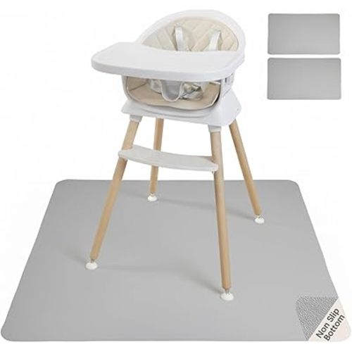 Baby Splat Mat for Under High Chair 43x43 Inch + 2Pcs Baby Table Mat, Vegan Leather Waterproof Washable Floor Protector, Oil-Stain Resistant Wipe Clean Anti-Slip Toddler Feeding/Crawling Mat (Gray)