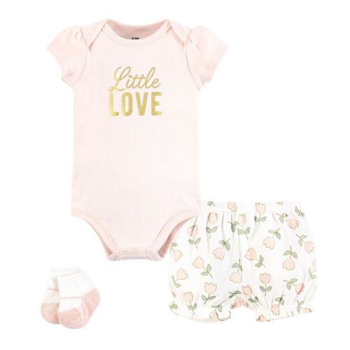 Hudson Baby Infant Girls Bodysuit, Short and Sock, Soft Pink Basic Tulip