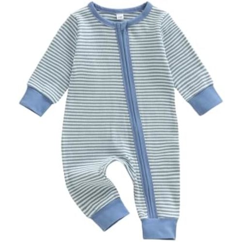 Karuedoo Newborn Infant Baby Boy Clothes Striped Waffle Long Sleeve Zipper Romper Jumpsuit One-Piece Fall Winter Outfit