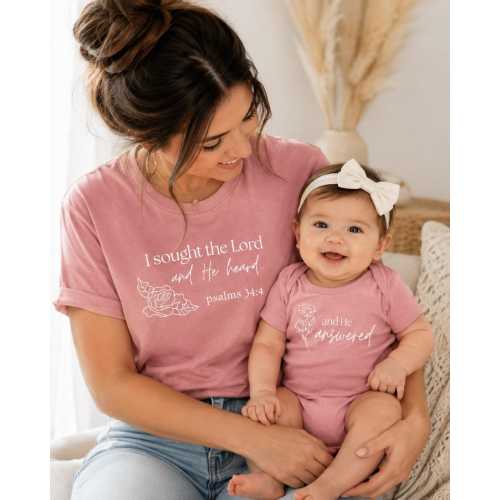 Mommy and Me Bible Verse Shirt Set, Psalm 34:4 Matching T-Shirt Baby Onesie, I Sought the Lord, Christian Outfit