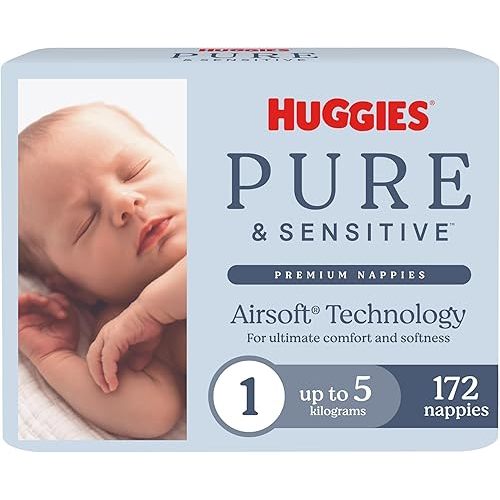 Huggies Pure & Sensitive Nappies Size 1 (up to 5 kg) 172 Count - Packaging May Vary