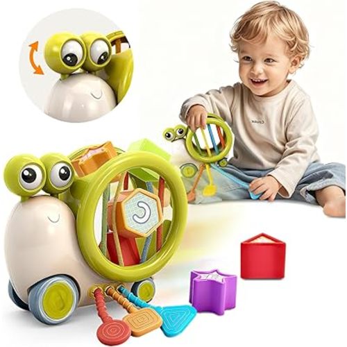 Shape Sorter for Toddler 1-3, Montessori Baby Sorting Blocks, Sensory Toddler Learning Toy for Fine Motor Skills, Infant Developmental Snail Push-to-go Car Toys, Gift for Boys Girls Ages 18+ Months