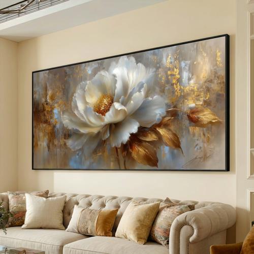 Elegant White Peony Canvas, Gold Leaves Wall Art, Floral Home Decor, Luxury Flower Canvas, Modern Botanical Print, Ready to Hang