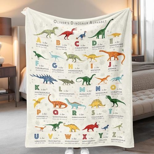 Customized Dinosaur Alphabet Blanket for Kids Boys Girls, Custom Kids Dinosaur Letters Blankets,New Baby Throw, Prehistoric Animal Alphabet Throw for Toldder,Baby Christmas Blankets