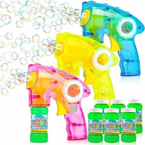 ArtCreativity Friction Powered Light Up Bubble Blaster Gun Set of 3 (NO Batteries Needed) Includes LED Bubbles Guns and 6 Bottles Fluid