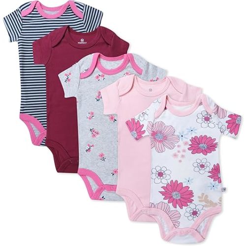HonestBaby baby-girls 5-pack Short Sleeve Bodysuits One-piece 100% Organic Cotton for Infant Baby Girls