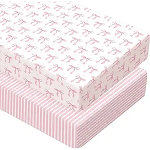 Peryiter 2 Pack Crib Sheets for Girls Boys Coquette Bed Sheet Set Fitted 52'' x 28" for Standard Crib Mattress Stretchable Soft Toddler Aesthetic Nursery Decor (Bow,Pink)